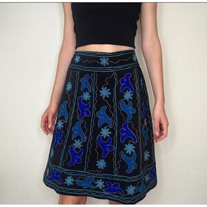 Karma Circle‎ USA Embroidered Black Cotton A Line Skirt Womens Medium